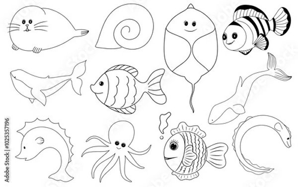 Fototapeta Hand Drawing line art of underwater life with Whales, fish, eels, shellfish, rays, seals, seahorses, squid