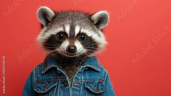Fototapeta A cute raccoon dressed in a denim jacket against a bright red background. The raccoon's expressive eyes add charm and character to the playful scene.