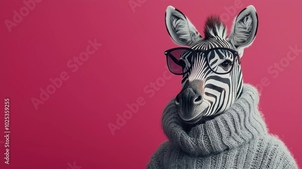 Fototapeta A whimsical image of a zebra wearing glasses and a cozy turtleneck sweater against a vibrant pink background, exuding creativity and charm.