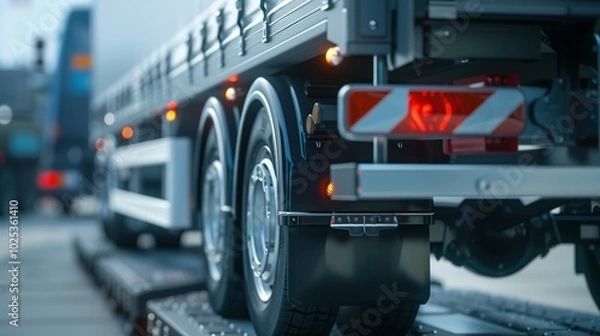 Obraz Close-up of a semi-trailer truck's rear wheels, lights, and mud flaps.