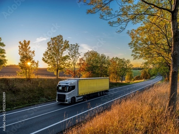 Fototapeta Silver truck driving on an asphalt road between rows of leafy trees in autumn colors in a rural landscape at sunset
