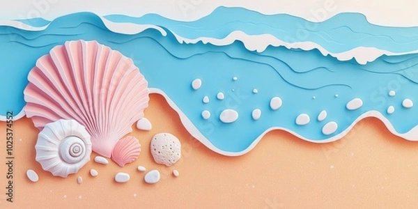 Fototapeta Two seashells and scattered pebbles on wet sand with a foamy wave nearby, Seashells and pebbles on wet sand with a foamy wave