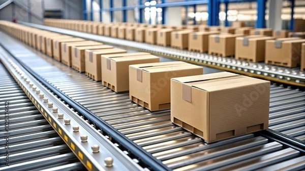 Fototapeta Cardboard boxes on conveyor rollers for distribution