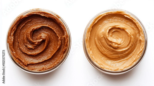 Fototapeta almond butter or cashew butter: a close-up, top-down view of almond butter and cashew butter spread smoothly in round shapes, placed side by side with a small gap on a white background
