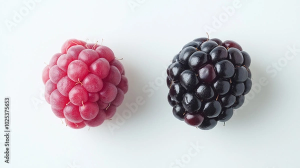 Fototapeta blackberries or raspberries: a close-up, top-down view of blackberries and raspberries, placed side by side with a small gap on a white background
