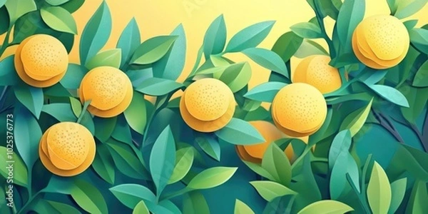 Fototapeta Close-up of ripening yellow tangerines on tree branches, Close-up of ripe yellow tangerines on tree branches