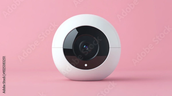 Obraz Modern security camera design on a pink background, featuring a sleek, round shape and high-quality lens for surveillance.