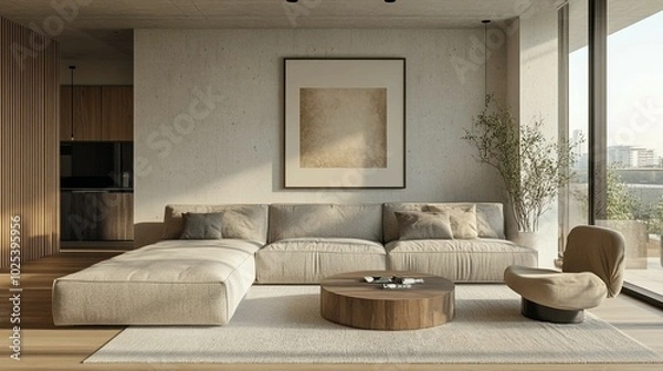Fototapeta A modern living room featuring wooden floors, a large window, and Japandi minimalist design with an art frame on the wall.
