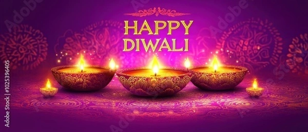 Fototapeta Illuminated Diya Lamps on a Purple Festive Background with "Happy Diwali" Greeting