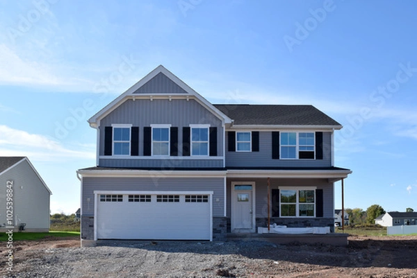 Fototapeta New Home Under Construction with Lumber Framing and Carpentry Builders Craftsman