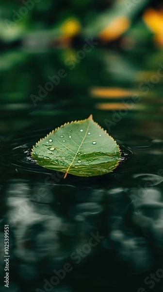 Fototapeta Green leaf over water reflection. fresh green leaf with water drop, relaxation nature concept. green leaves reflecting in the water