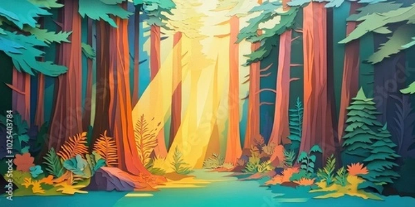 Fototapeta Sunlight filtering through the towering redwood trees, Sunlight shining through tall redwood trees