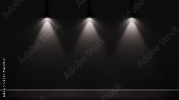 Fototapeta Three spotlights dramatically illuminate a black wall in a dark studio. The minimalist composition and lighting aim to create a perfect environment for presentations and visual projects.