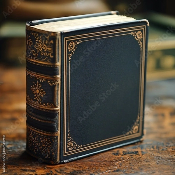Fototapeta Aged leather-bound book with worn cover, blank pages, and a vintage feel