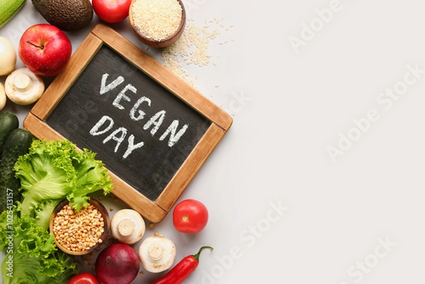 Fototapeta Board with text VEGAN DAY and different healthy products on grey background