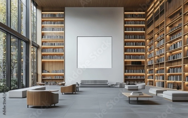 Fototapeta Modern public library interior with minimalist design, blank white wall template for art display, wooden bookshelves, and sleek furniture, 3D rendering