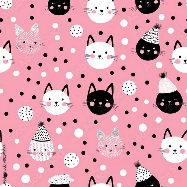 Fototapeta Cute and Playful Cat Seamless Pattern on Pink Background