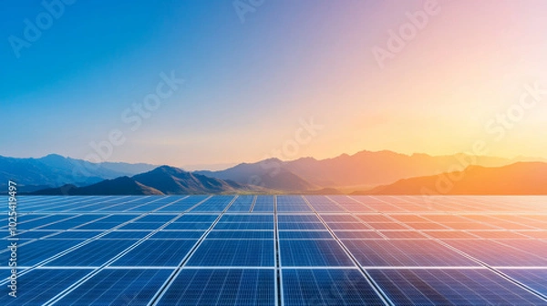 Fototapeta Solar panels in a field with mountains in the background at sunset.