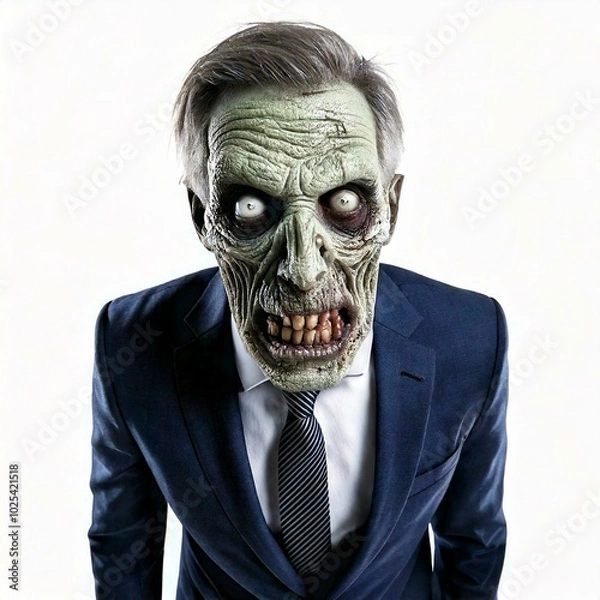 Obraz A scary Halloween frankenstein wearing a business suit, isolated on white