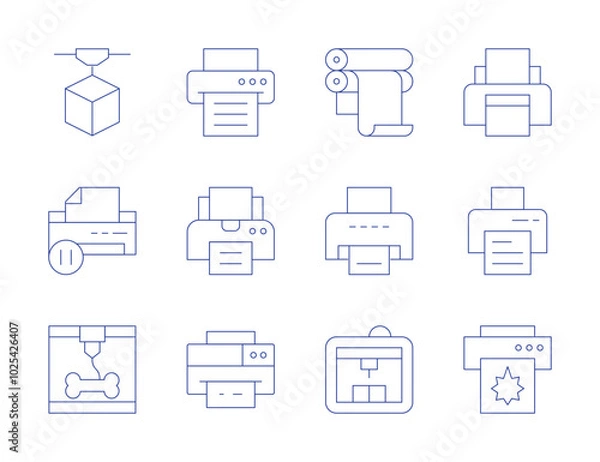 Fototapeta Printer icons. Thin Line style, editable stroke. pause, printing, bone, printcylinder, printer