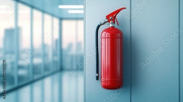 Fototapeta A red fire extinguisher mounted on a wall in a modern office space, symbolizing safety and fire prevention.