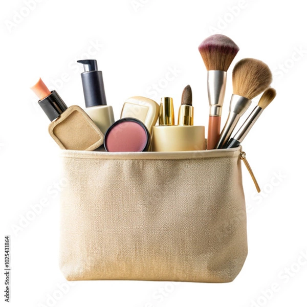 Fototapeta Different makeup objects in canvas bag