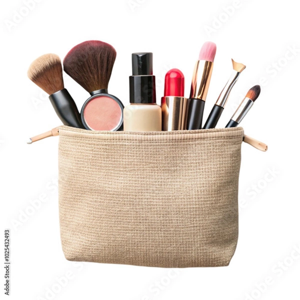 Fototapeta Different makeup objects in canvas bag