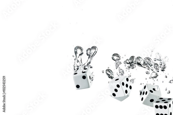 Fototapeta Dice dropped into the water, on a white background.