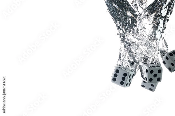 Fototapeta Dice dropped into the water, on a white background.