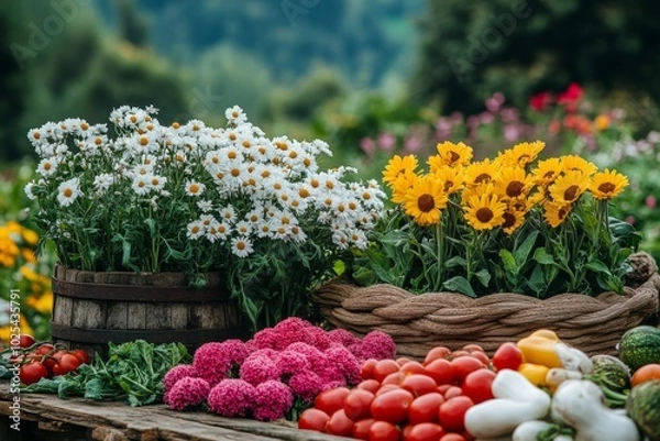 Fototapeta White and Yellow Flowers with Fresh Tomatoes and Vegetables in Rustic Setting