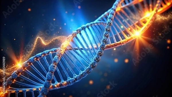 Fototapeta Futuristic glowing DNA helix in blue and orange light at a tilted angle