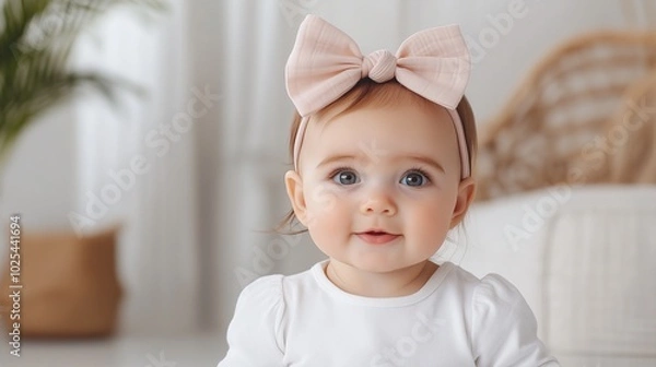 Fototapeta Smiling baby girl with a pink bow sitting in a bright, cozy room, capturing the warmth and innocence of childhood in a beautifully lit, minimalist home interior