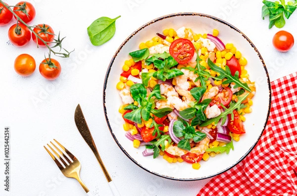 Obraz Salad with shrimps, corn, avocado, tomatoes, lettuce and onion on white background. Top view