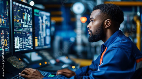 Fototapeta Efficiently monitoring data in control room, focused technician analyzes multiple screens displaying complex information. environment reflects high tech industrial setting