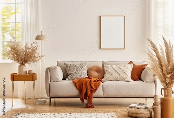 Fototapeta Blank Frame in Modern Living Room with Sofa, Yellow Side Table, Dried Flowers, and Decorative Accessories. Made with generative AI technology