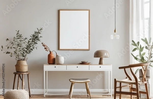 Fototapeta Cozy interior with an empty poster frame mockup. Made with Generative AI Technology