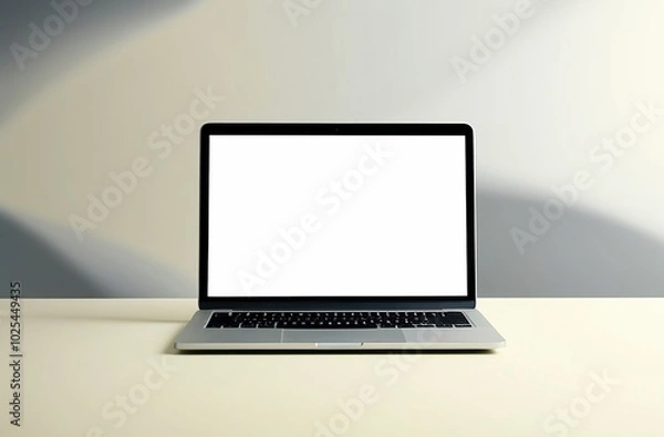 Fototapeta Laptop with Blank White Screen on Work Table with Blurred Background. Made with Generative AI Technology