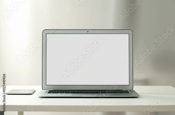 Fototapeta Laptop with Blank White Screen on Work Table with Blurred Background. Made with Generative AI Technology