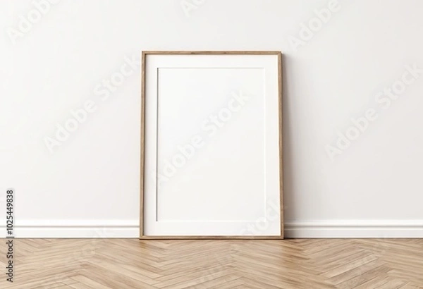 Fototapeta Vertical A4 Wooden Frame on Floor with White Wall Background. Made with Generative AI Technology
