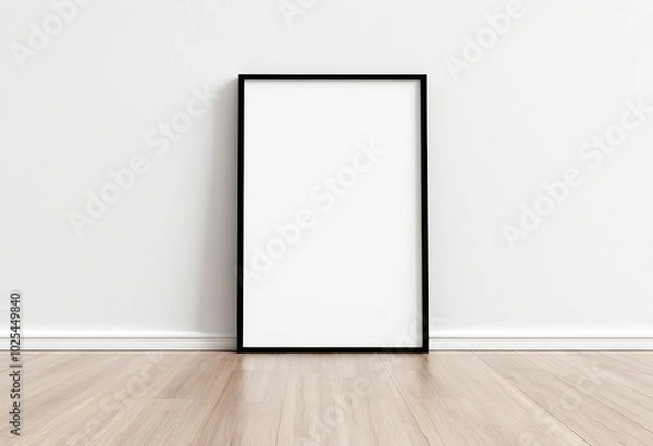 Fototapeta Vertical A4 Wooden Frame on Floor with White Wall Background. Made with Generative AI Technology