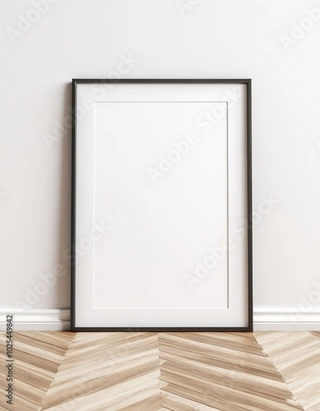 Fototapeta Vertical A4 Wooden Frame on Floor with White Wall Background. Made with Generative AI Technology