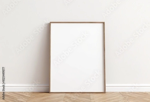 Fototapeta Vertical A4 Wooden Frame on Floor with White Wall Background. Made with Generative AI Technology