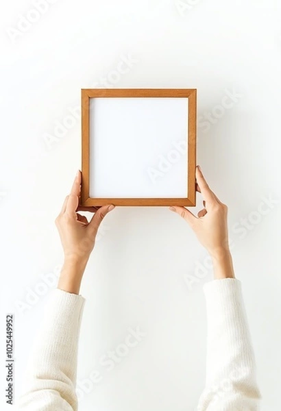 Fototapeta Woman Displaying Empty Photo Frame on White Background. Made with Generative AI Technology