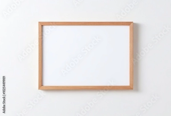 Fototapeta Wooden Frame Mockup on White Wall in Minimalist Interior Displaying Empty Space for Text or Product. Made with Generative AI Technology