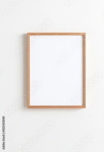 Fototapeta Wooden Frame Mockup on White Wall in Minimalist Interior Displaying Empty Space for Text or Product. Made with Generative AI Technology