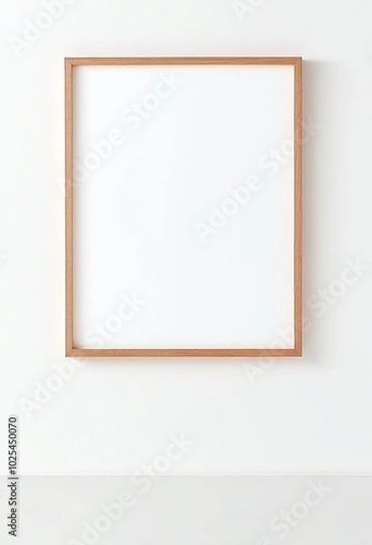 Fototapeta Wooden Frame Mockup on White Wall in Minimalist Interior Displaying Empty Space for Text or Product. Made with Generative AI Technology