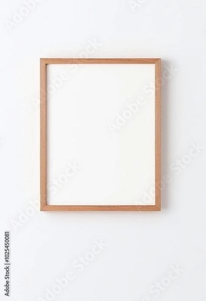 Fototapeta Wooden Frame Mockup on White Wall in Minimalist Interior Displaying Empty Space for Text or Product. Made with Generative AI Technology