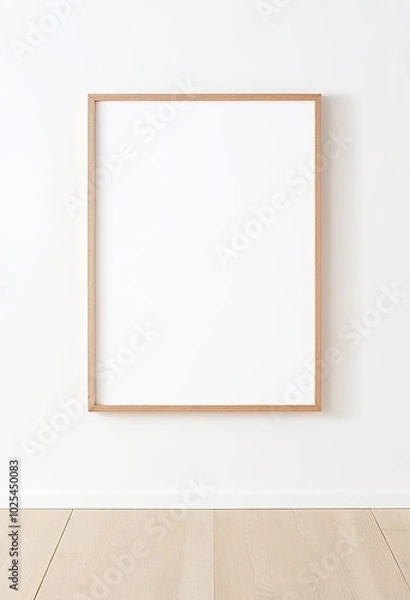 Fototapeta Wooden Frame Mockup on White Wall in Minimalist Interior Displaying Empty Space for Text or Product. Made with Generative AI Technology