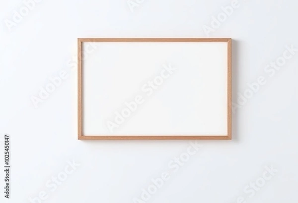 Fototapeta Wooden Frame Mockup on White Wall in Minimalist Interior Displaying Empty Space for Text or Product. Made with Generative AI Technology