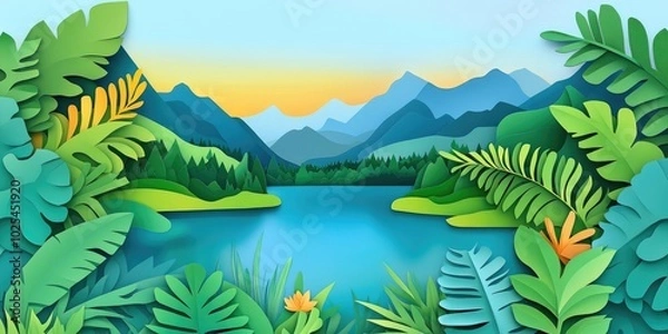 Fototapeta Scenic views of a tranquil lake surrounded by mountains and lush greenery, Serene landscape of a peaceful lake with mountains and vibrant vegetation